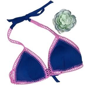 Victoria’s Secret Women's Blue Bikini Top Pink Crochet Trim Large